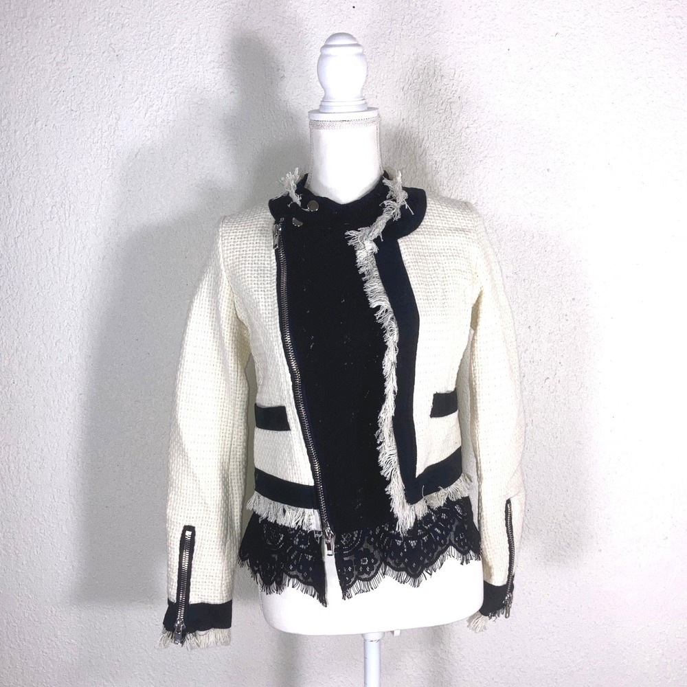 Central Park West Tweed Lace Fringe Moto Jacket Cream Black XS